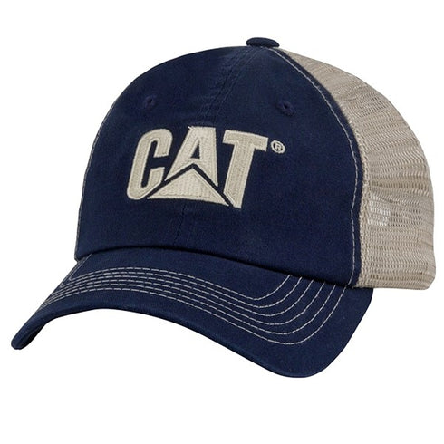 A navy blue and beige 'CAT' branded baseball cap with a mesh back and a velcro closure.