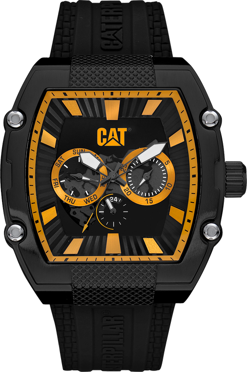 Reloj Barrell con esfera negra y amarilla y correa de silicona negra