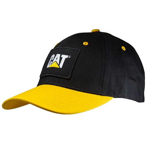 A black and yellow baseball cap with the 'CAT' logo on the front.