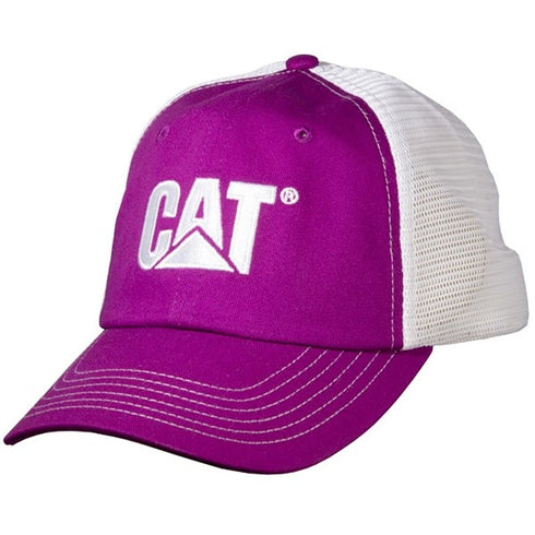 A purple and white baseball cap with the 'CAT' logo in white on the front.