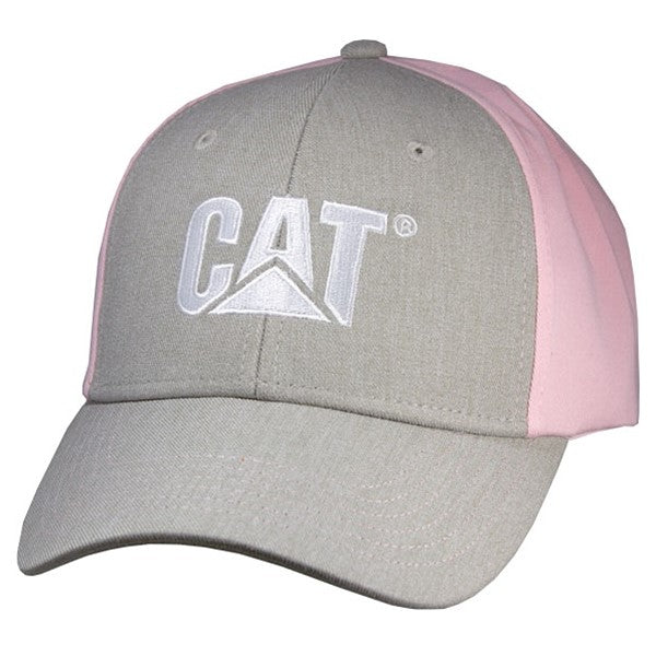 A structured cap with a grey front and pink back, featuring the 'CAT' logo in white on the front, contrast stitching, and a chino sweatband.