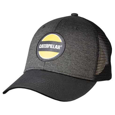 A black and gray low profile structured cap with a space dye chino twill fabric, featuring a soft mesh back, pre-curved visor, matching stitching, and a plastic closure. It has a yellow and white Caterpillar logo on the front.