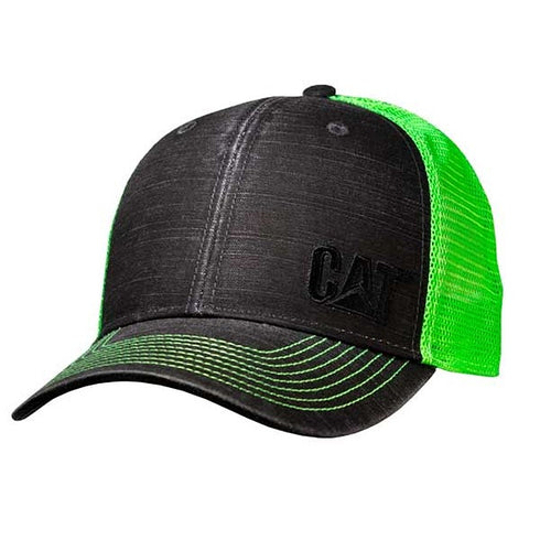 A black and neon green mesh cap with the 'CAT' logo on the visor.