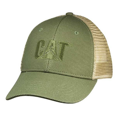 Olive green baseball cap with mesh back featuring the 'CAT' logo in a darker green.
