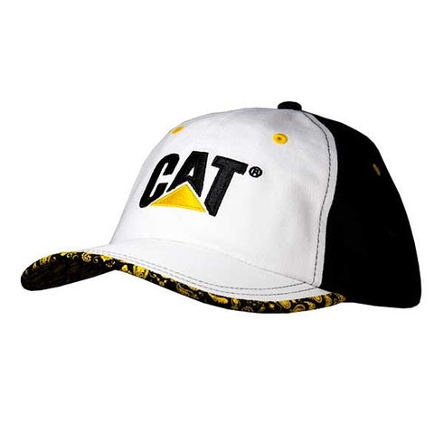 A black and white baseball cap with the 'CAT' logo in yellow on the front, a yellow pattern on the visor, and an adjustable strap with a buckle.
