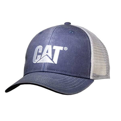 A blue baseball cap with 'CAT' logo on the front, featuring a soft mesh back and contrast stitching on the visor.