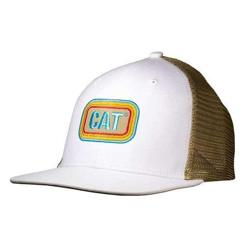 A white trucker hat with a brown mesh back featuring the 'CAT' logo in colorful embroidery on the front.