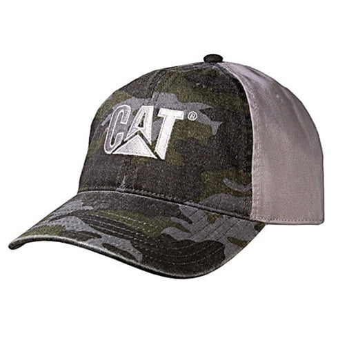 Camouflage baseball cap with 'CAT' logo on a white background