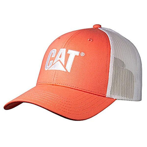 Orange and white cap with Caterpillar logo on a white background