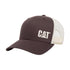 A brown and white trucker cap with an embroidered 'CAT' logo on the front panel.