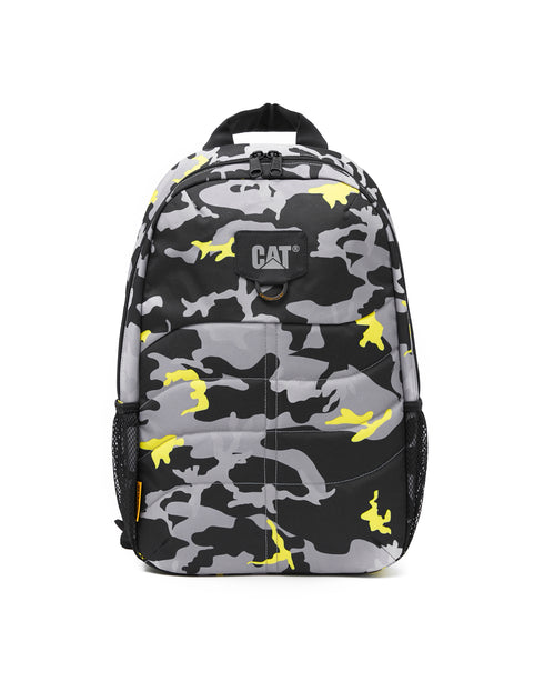 A black, gray, and yellow camouflage pattern backpack with branded Caterpillar D-ring and logo, featuring a matt black zipper puller, mesh shoulder straps, and multiple compartments.