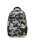 A black, gray, and yellow camouflage pattern backpack with branded Caterpillar D-ring and logo, featuring a matt black zipper puller, mesh shoulder straps, and multiple compartments.