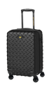 A black hard-shell carry-on suitcase with a telescopic handle, top and side carrying handles, and a silent glide spinner wheel system.