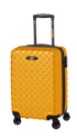 A yellow hard-shell carry-on suitcase with a telescopic handle, top and side carrying handles, and a silent glide spinner wheel system.