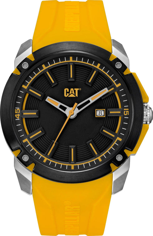 Reloj Elite de acero inoxidable con esfera negra y amarilla y correa de silicona