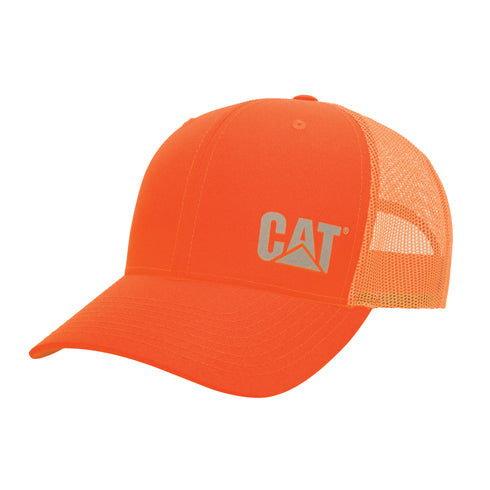 A high-visibility orange trucker hat with a CAT logo on the front, featuring mesh back panels and a snapback closure.