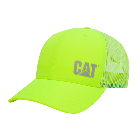 A high-visibility yellow trucker cap with the 'CAT' logo on the front, featuring mesh back panels and a snapback closure.