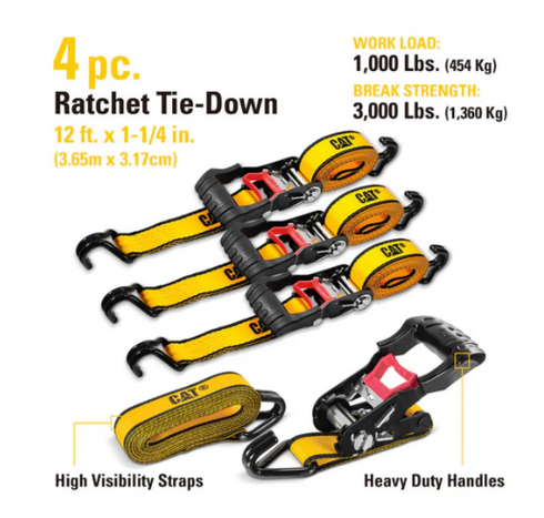 4 Piece 1 1/4 Inch by 12 Foot Ratchet Tie Down Set