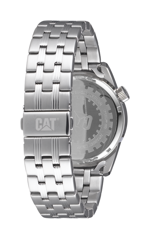 Reloj Icon con esfera negra y plateada, acero inoxidable y correa de acero inoxidable.