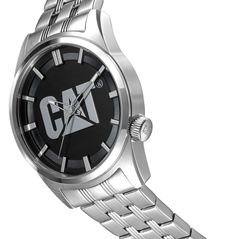 Reloj Icon con esfera negra y plateada, acero inoxidable y correa de acero inoxidable.