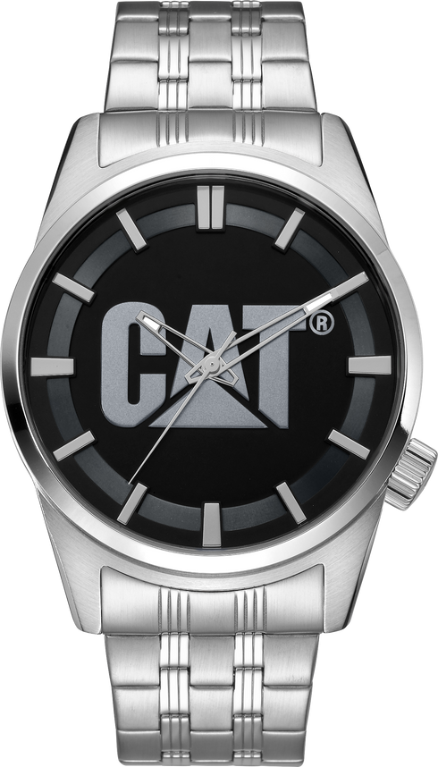 Reloj Icon con esfera negra y plateada, acero inoxidable y correa de acero inoxidable.