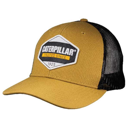 Yellow cap with black mesh back and Caterpillar logo on a white background