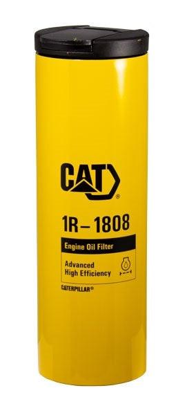 A stainless steel yellow oil filter tumbler with the Caterpillar logo and the text '1R-1808 Engine Oil Filter' on it.