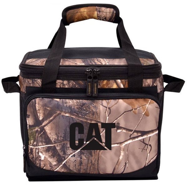 A camouflage collapsible cooler with black trim and the 'CAT' logo on the front pocket.