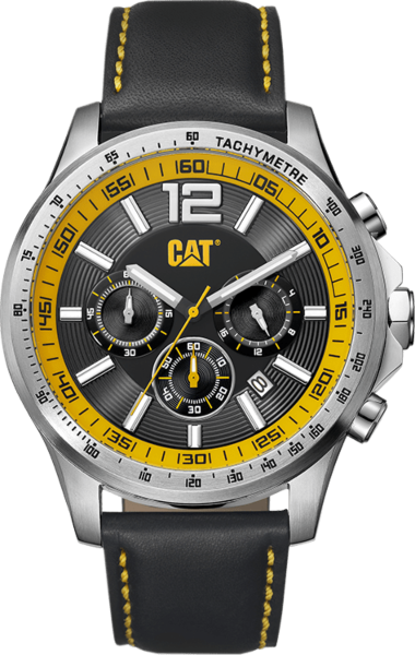 Reloj Cat® de acero inoxidable con esfera negra y amarilla y correa de piel